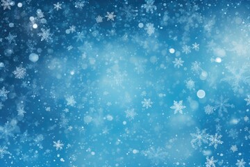 Fototapeta premium Winter Bliss: Blue Snowy Background with Shimmering Snowflakes and Defocused Bokeh Effect