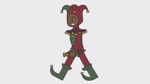 2d animation of walking black male smiling jester. Looped 4K video with alpha-channel.