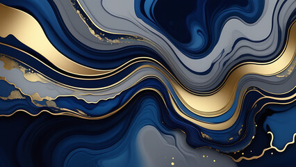 Luxury abstract background, dark blue marble texture with gold veins, alcohol painting, modern design