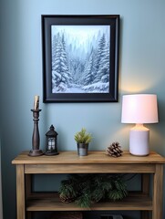 Snowy View: Framed Landscape Print � Nature Art with Frosted Pine Forests