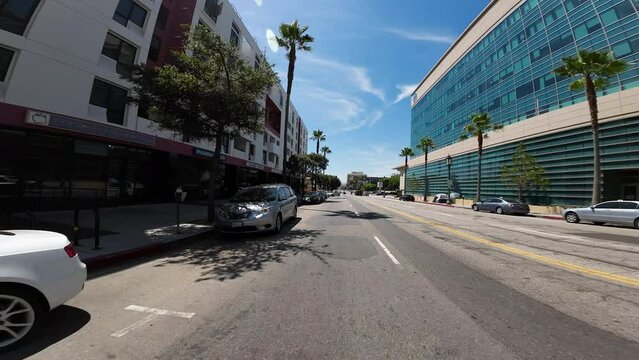 Los Angeles Downtown Wilshire Blvd Eastbound 02 Rear View at Lucas Ave Driving Plate California USA Ultra Wide