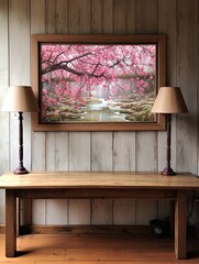 Cascading Cherry Blossom Petals: Framed Nature Art Print with Garden View - Exquisite Landscape Decor