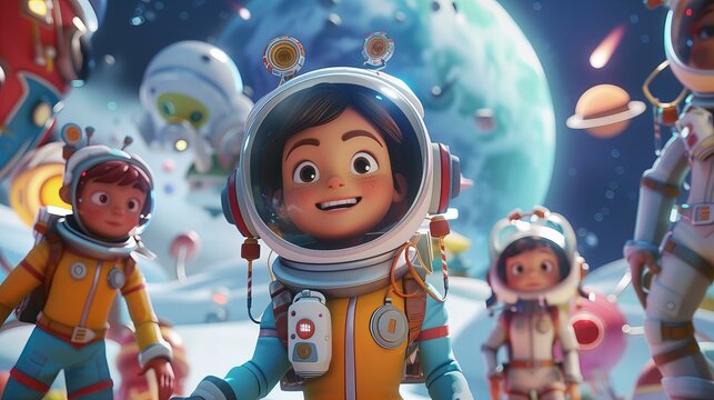 a group of kids in space wearing astronaut custom in front planets, in the style of children's book illustration