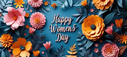Zelfklevend Fotobehang Women's Day Banner. Floral flat lay greeting card with beautiful gerberas © Vasiliy