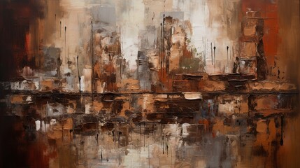A canvas with layers of thick paint to create an abstract urban design and street oil painting.