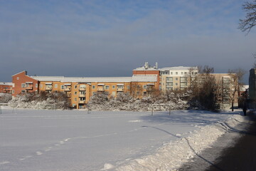 Fototapeta na wymiar Sweden. Houses and streets of Linköping in winter. Östergötland province.