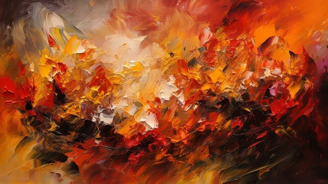 A fiery abstract background with red, orange and yellow hues clash and merge in a passionate display. Oil painting. 