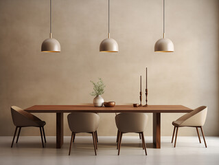 Minimalist Dining Room Interior with Sleek Wooden Table and Modern Pendant Lighting
