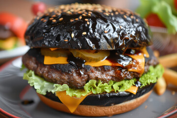black hamburger on black plate
