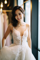 Naklejka premium A charming bride delighted during a fitting in a bridal boutique, exuding alluring beauty.