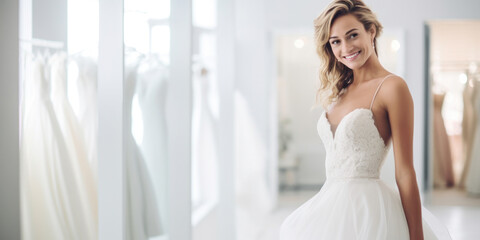 Cheerful and charming bride exuding glamour and elegance in a white wedding dress.