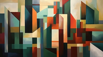 Geometric abstract shapes with thick lines and blocks of color creating a sense of harmony and balance. Oil painting. 