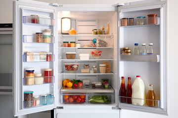 An open refrigerator filled with a variety of fresh fruits and vegetables.