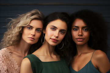 Obraz premium A gorgeous, diverse trio portrait featuring alluring women with curly, stylish hair, exuding beauty.