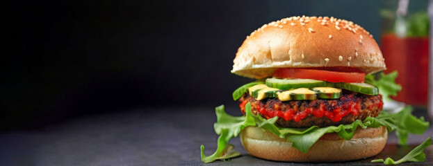 Delicious hot simple hamburger with beef, tomato, green salad, cucumbers and ketchup on dark background. Wide banner with copy space for text