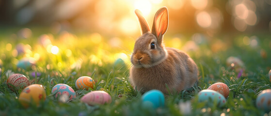 Fototapeta na wymiar Cute Bunny In Sunny Garden With Decorated Easter Eggs with copy space