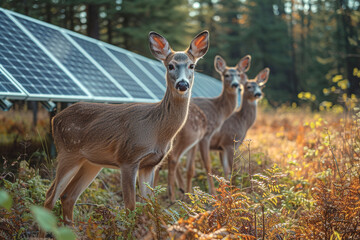 Three serfs next to a solar panel installation in the middle of the forest.