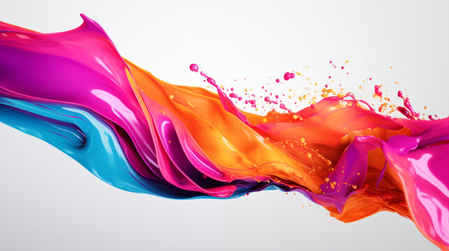 Kolorowe chlapnięcia farb akrylowych na jasnym tle - plamy cieczy w odcieniach pomarańczowych, r&oacute;żowych, fioletowych i niebieskich. Tęcza