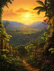Golden Hour Vineyards Rainforest Landscape: Dusk Splendor at the Scenic Art Vineyard.