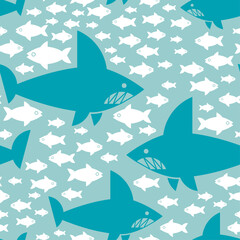 Shark and fish pattern seamless. Undersea world background. Baby fabric texture - 732737213