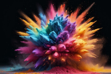 Colorful splash explosion of dust and paint, vibrant RGB powder particles burst into a spectacular cloud