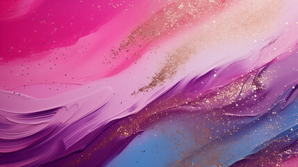 Różowo - fioletowy obraz malowany farbą olejną na płótnie - tło posypane brokatem. Fale
