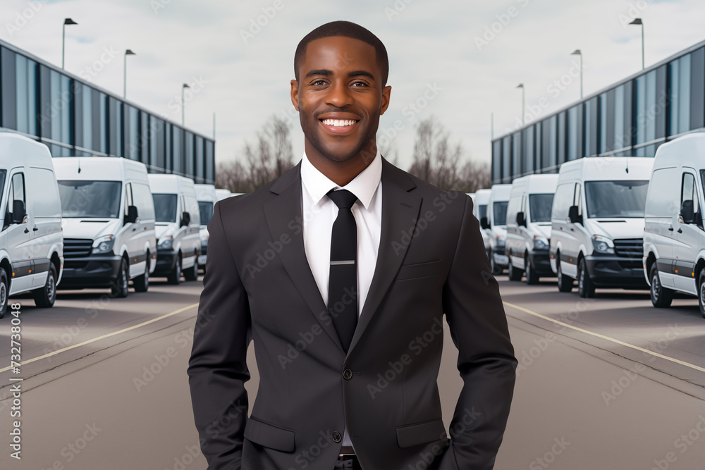 Poster black businessman on the background of vans. fleet management.