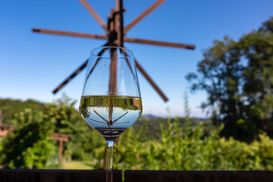 Wine tasting on vineyards and windmill klapotetz in Ehrenhausen an der Weinstrasse, Leibnitz, South Styria, Austria. Drinking glass of white wine on idyllic winery stretching over lush green hills