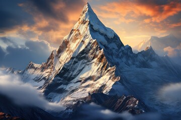 Snowy Mountain Towering Under Cloudy Sky