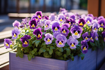 Beautiful purple Pansies flowers in balcony box