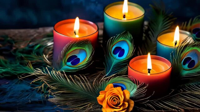 candles and peacock feathers