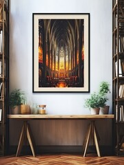 Gothic Cathedral Interiors Print - Vintage Art of Church Scenic View