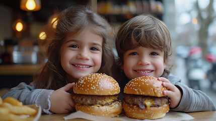 two little children eating a big hamburger at a table in a cafe, boy, girl, fast food, restaurant, kids, junk food, kid, unhealthy food, snack, friends