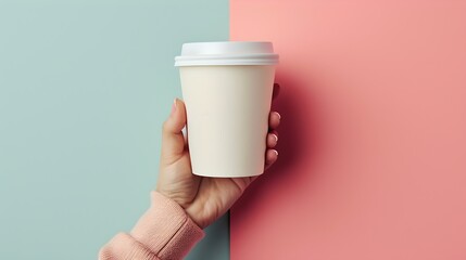 Hand holding a disposable coffee cup against a split-color background. simple and modern design. ideal for cafes and to-go drinks. AI