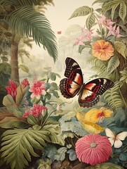 Vintage Garden Print: Enchanted Butterfly in Groves Nature Scene