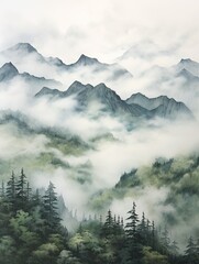 Handmade Landscape Painting: Mist-Enveloped Mountain Peaks and Cloudy Scene, Nature Art