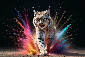 Zelfklevend Fotobehang lynx waling through a splash explosion of colors, variegated paint burst © pflonk