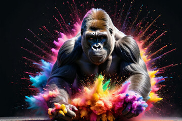 gorilla in a splash explosion of colors, variegated paint burst