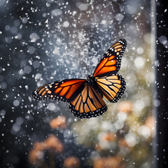 monarch butterfly flying inside window, snow