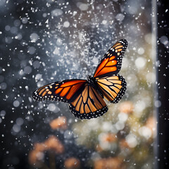 Fototapeta premium monarch butterfly flying inside window, snow