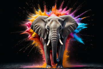 elephant in a splash explosion of colors, variegated paint burst