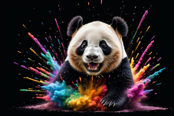 cute panda bear in a splash explosion of colors, variegated paint burst
