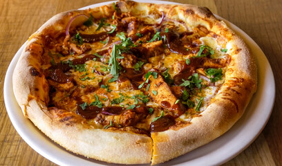 Pizza Margherita Italian, tasty with mozzarella cheese and tomato on plate. Pizza for promo flyer restaurant, menu, advert or package