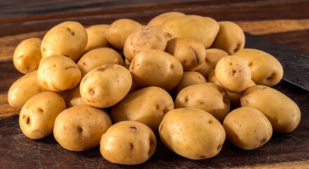 Raw potato on wood background. Fresh potatoes cooking.