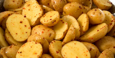 Roasted potato on plate. Homemade cooking fresh baked potato, serving food for restaurant, menu, advert or package, close up, selective focus