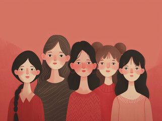 Warm-toned illustration of five young women in stylish outfits, standing together with a sense of friendship and solidarity.