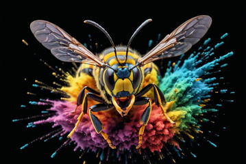 wasp on a splash explosion of colors, variegated paint burst