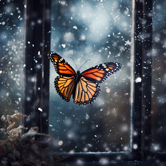 monarch butterfly flying on window in snow