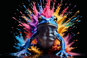 blue frog in a splash explosion of colors, variegated paint burst
