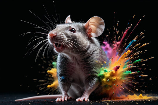 grey mouse being hit by a splash explosion of colors, variegated paint burst